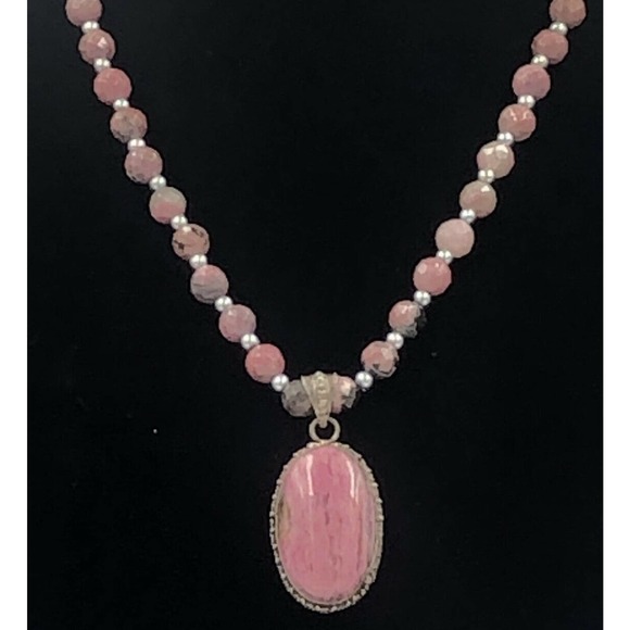Sterling Silver pink Rhodondite pendant Faceted Bead Necklace Artisan - Picture 3 of 12